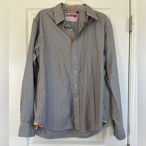 Robert Graham Gray White Striped The Freshly Laundered Shirt  Rainbow Detail XL